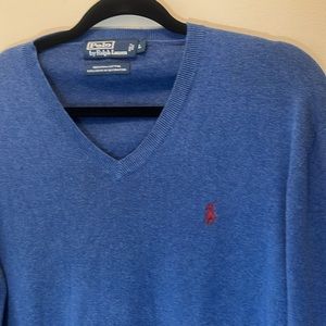 Polo by Ralph Lauren Blue V-Neck Sweater with Maroon Pony Size Large